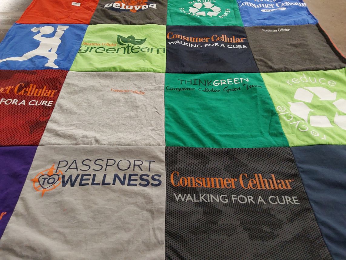 T-shirt quilt with environmental advocacy, health and wellness themes by Phyllis from OR