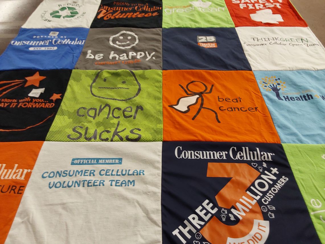 T-shirt quilt with volunteering, environmental awareness themes by Phyllis from OR