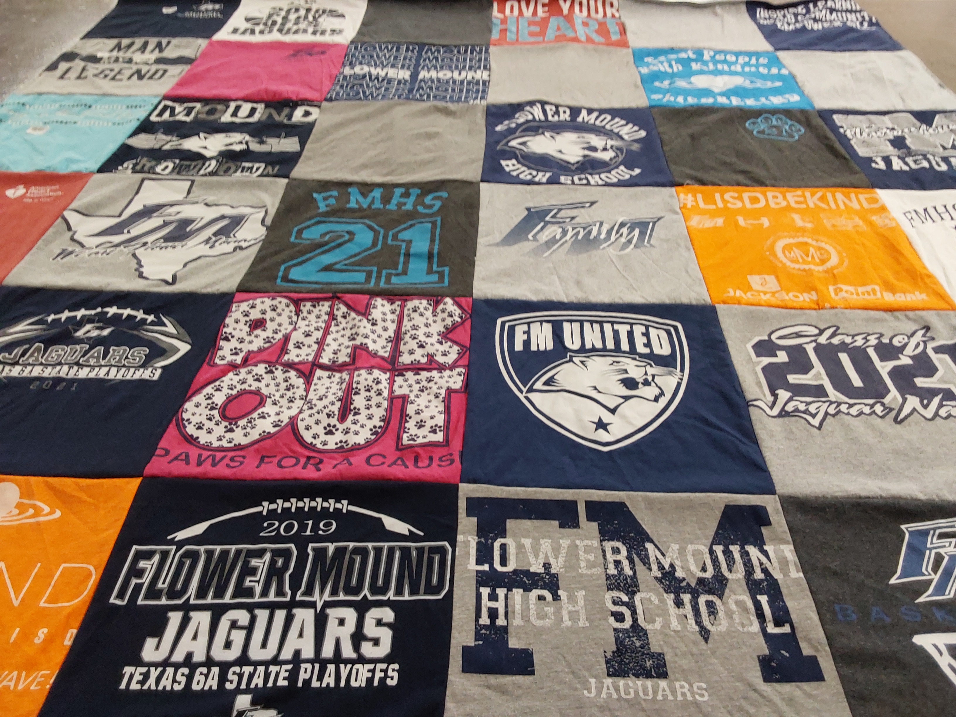 T-shirt quilt featuring flower mound jaguars by Stephanie from TX