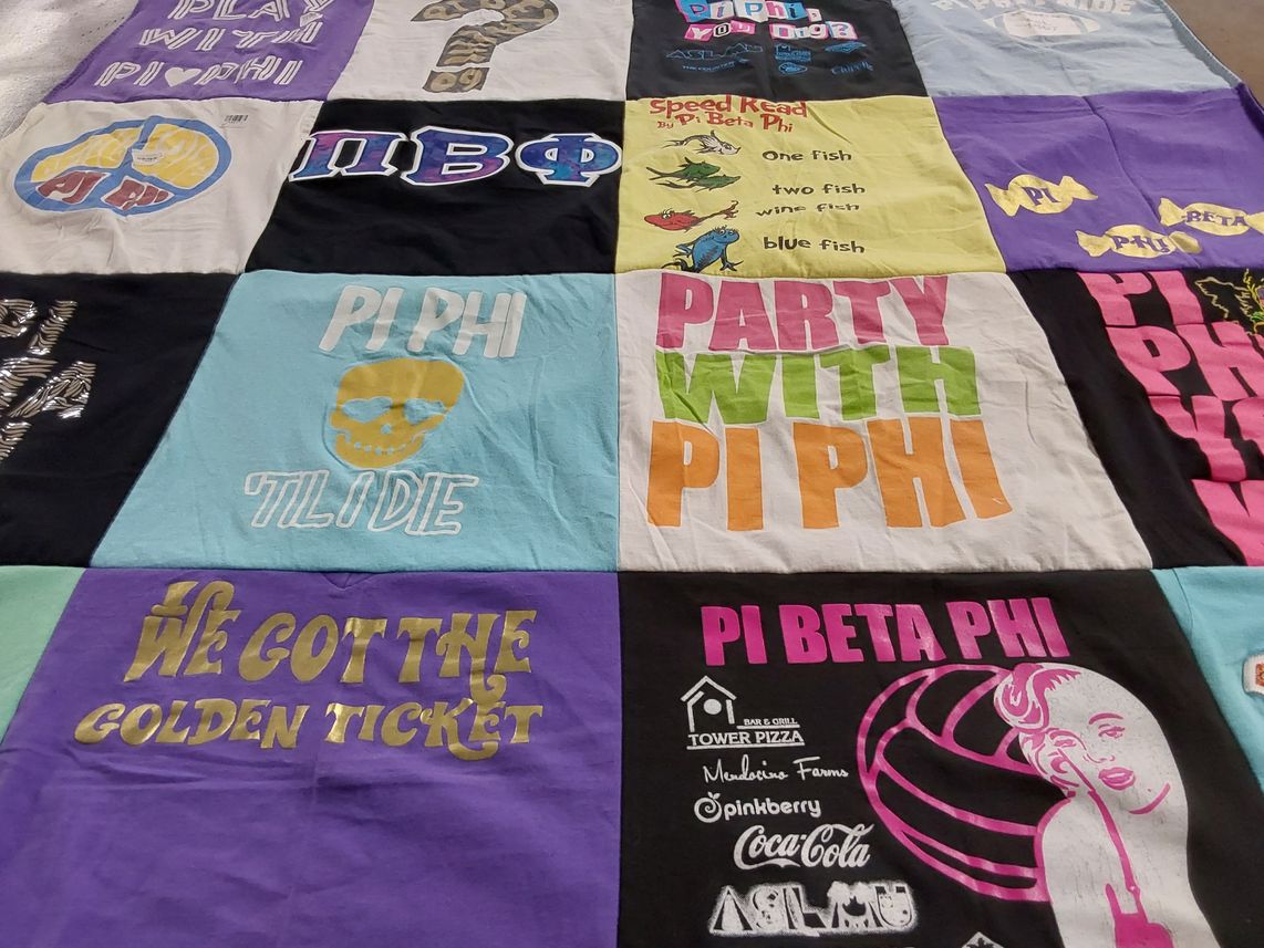 T-shirt quilt with sorority, partying themes by Chelsea from CA