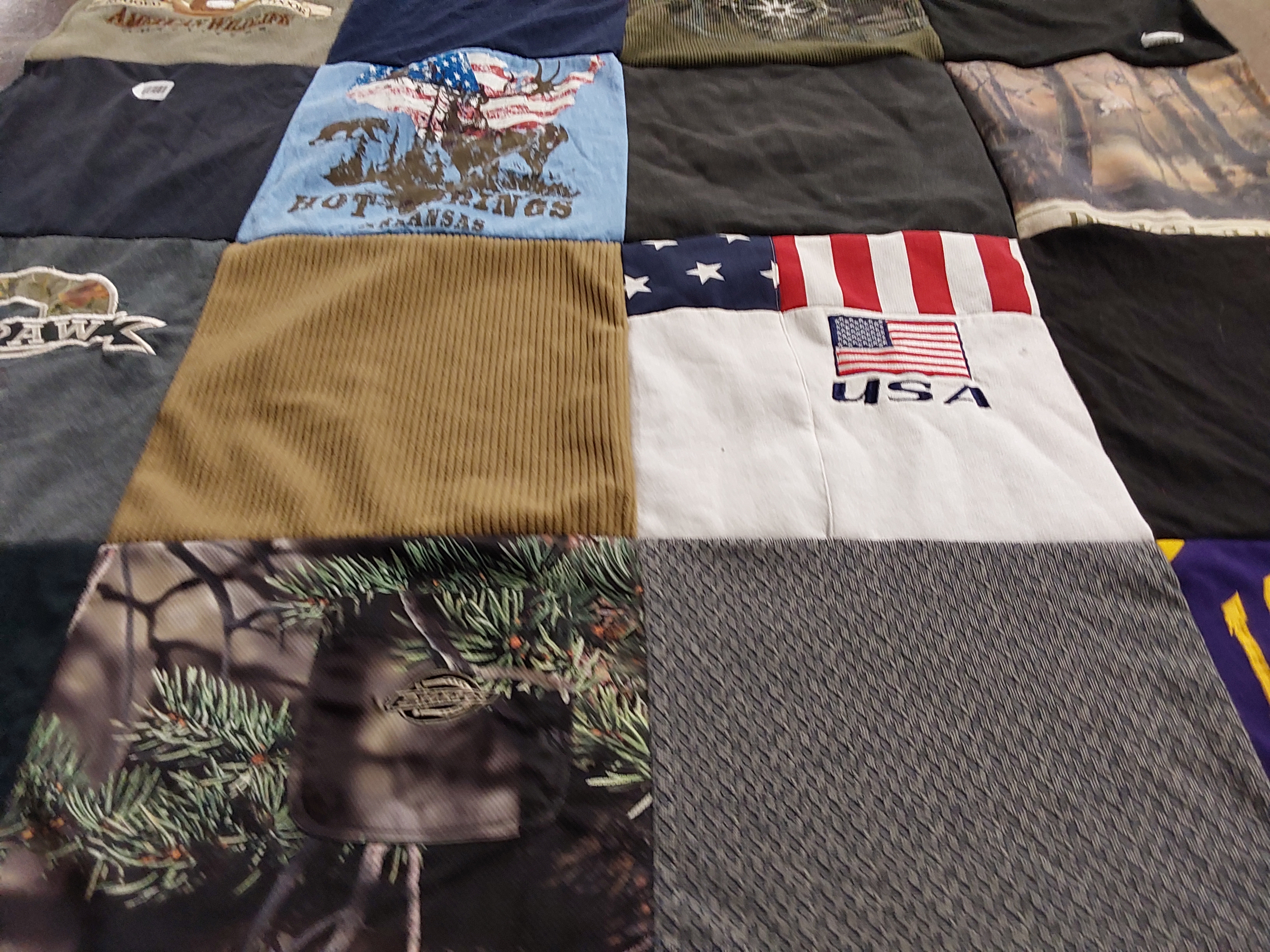 T-shirt quilt with hunting, outdoors themes by Paula from AR