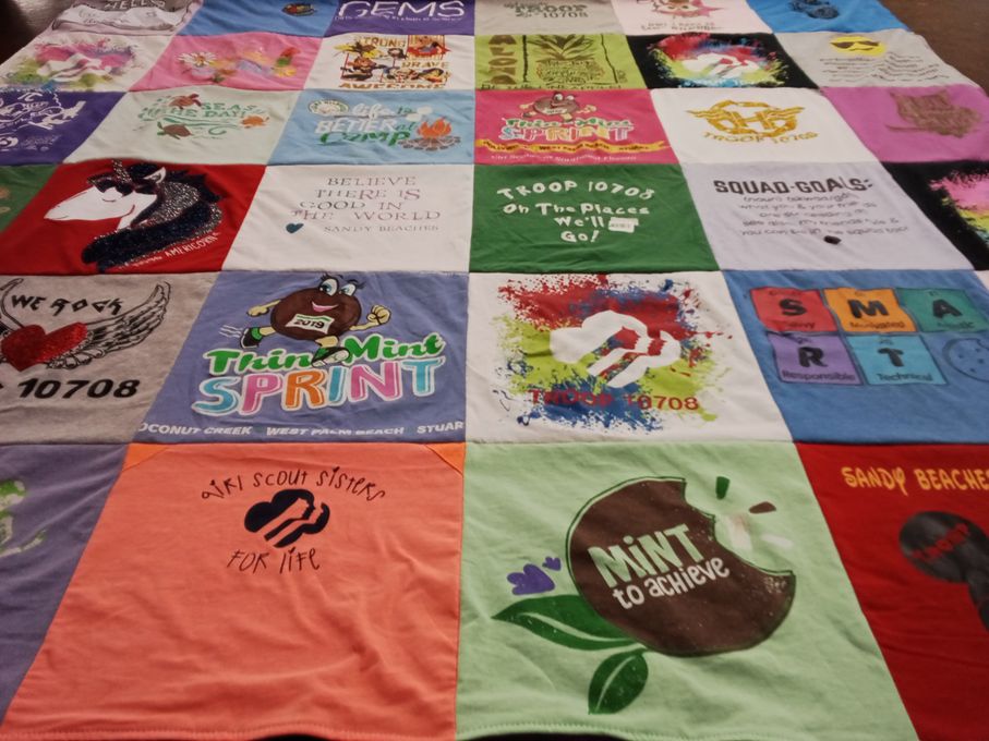 T-shirt quilt with girl scouts, running themes by Julia from FL