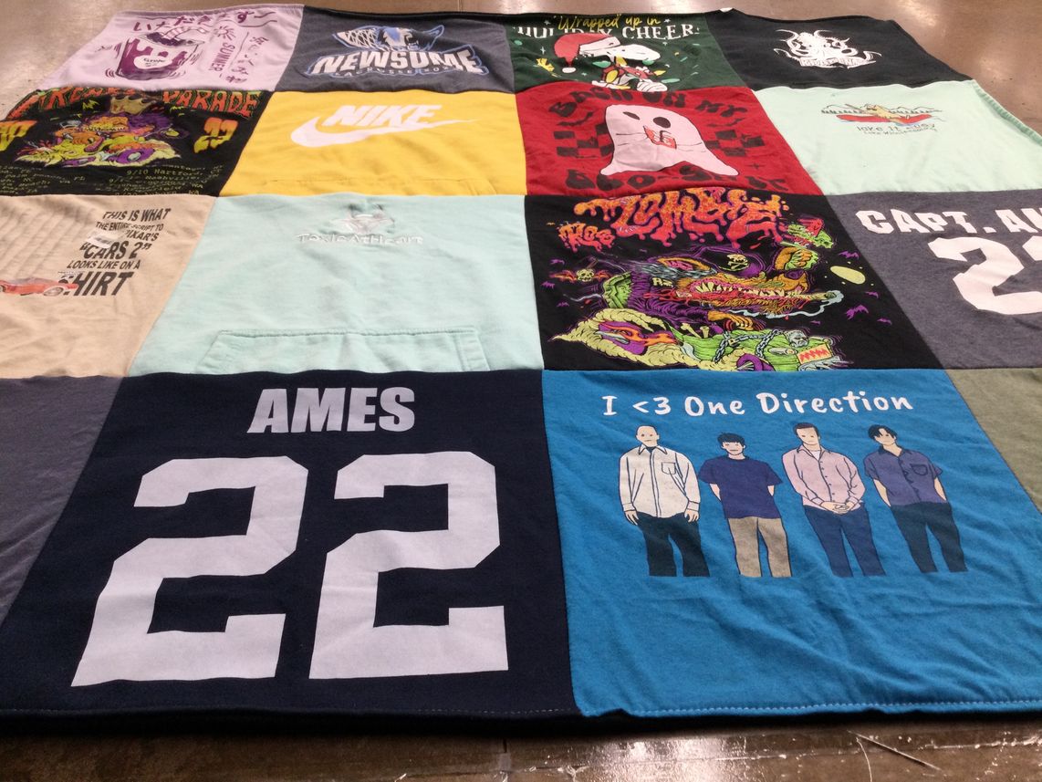T-shirt quilt with music, sports themes by Miranda from FL