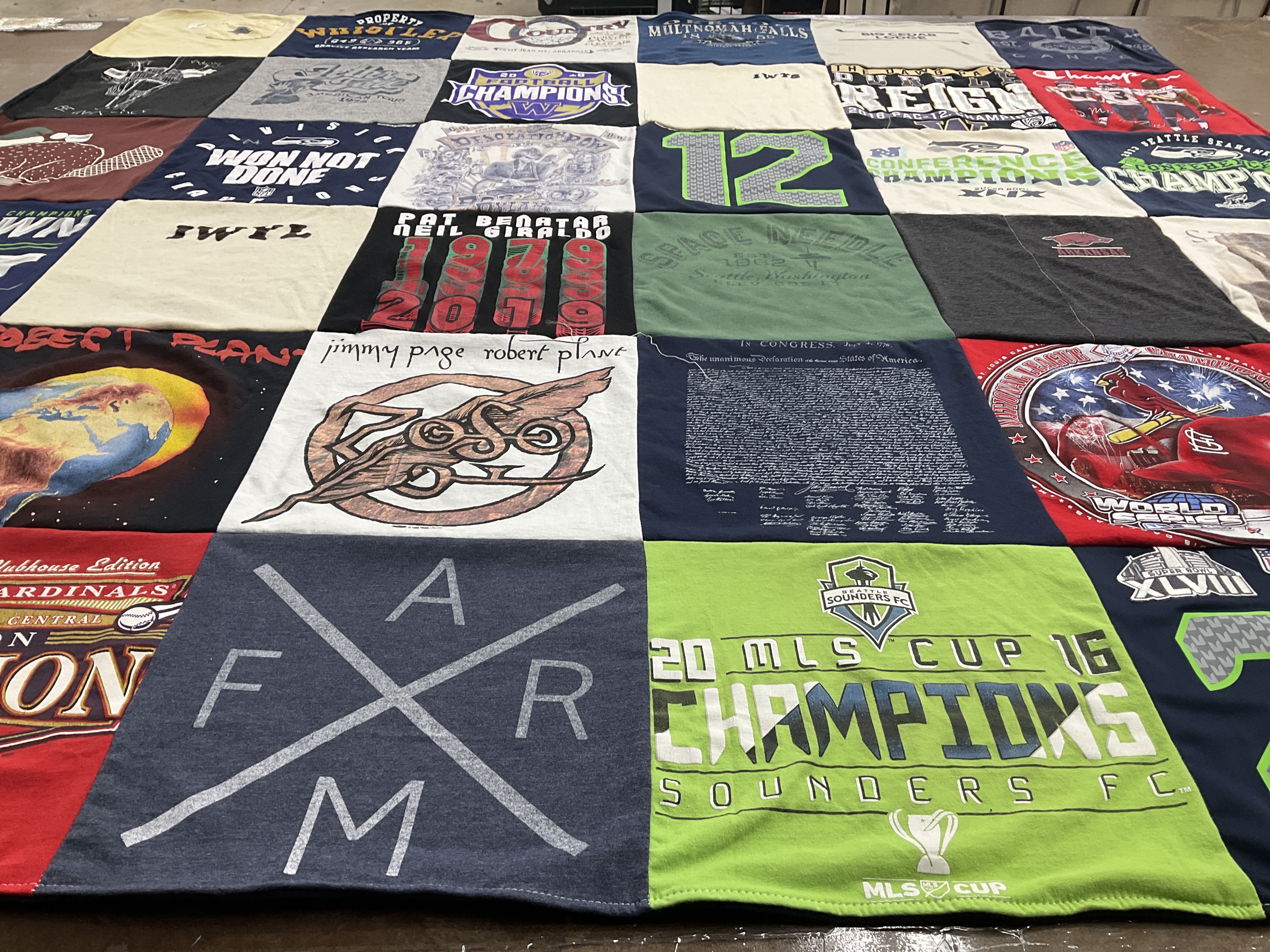 T-shirt quilt with baseball, music themes by Victoria from AR