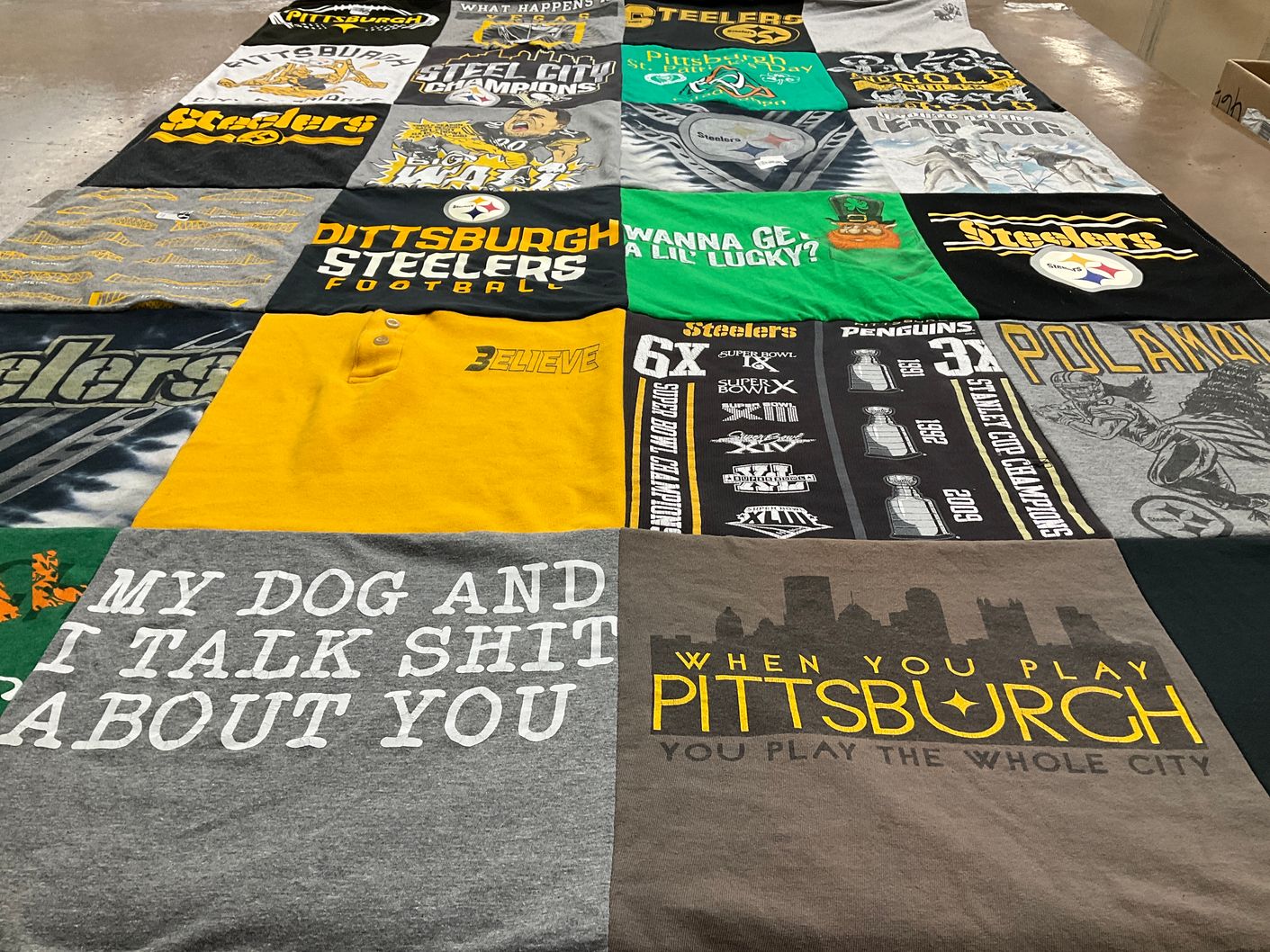 T-shirt quilt featuring pittsburgh steelers, pittsburgh penguins by Cheryl from PA