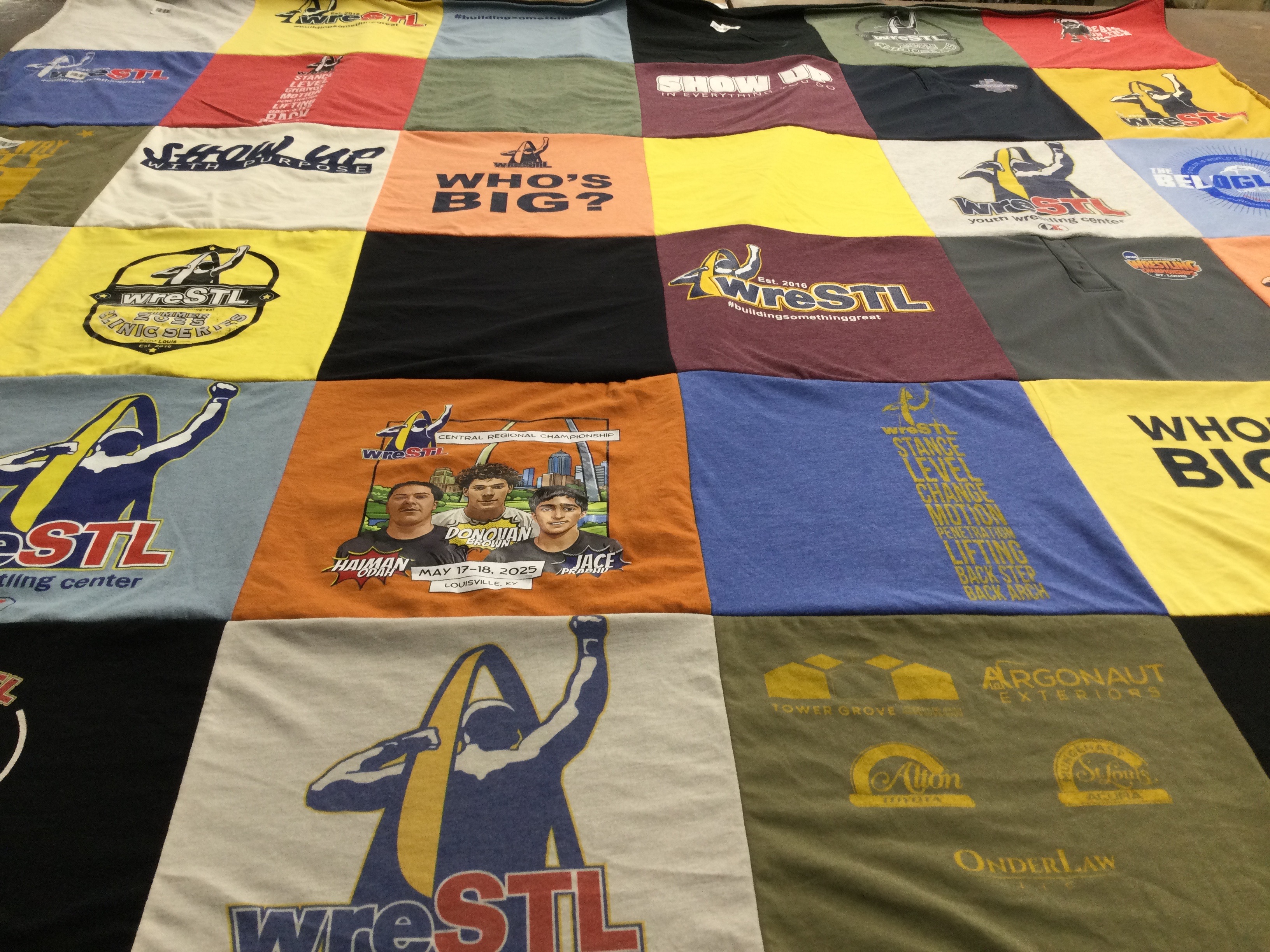 T-shirt quilt with wrestling, sports themes by Sara from MO