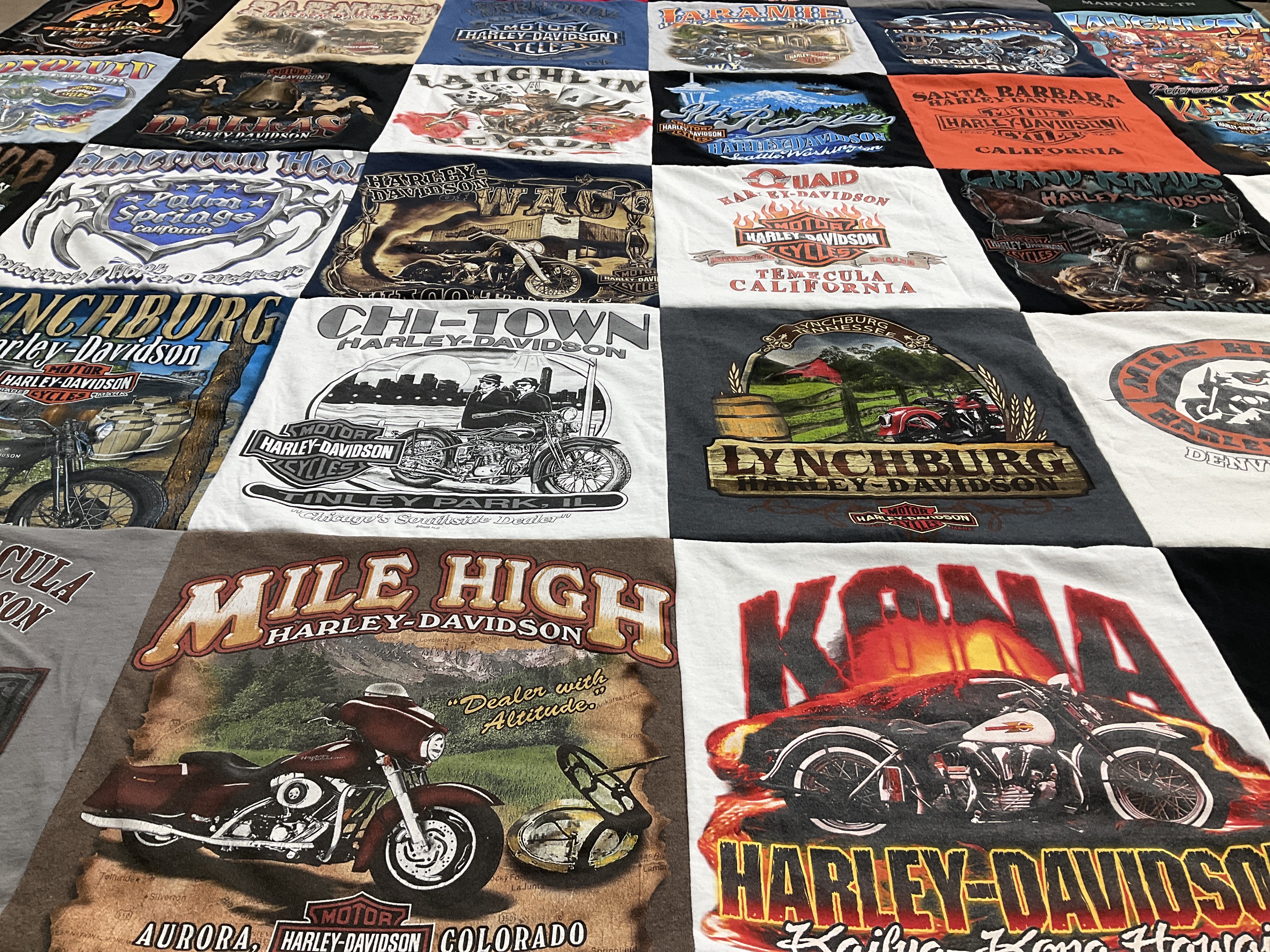 T-shirt quilt with motorcycles, travel themes by Mary from CA