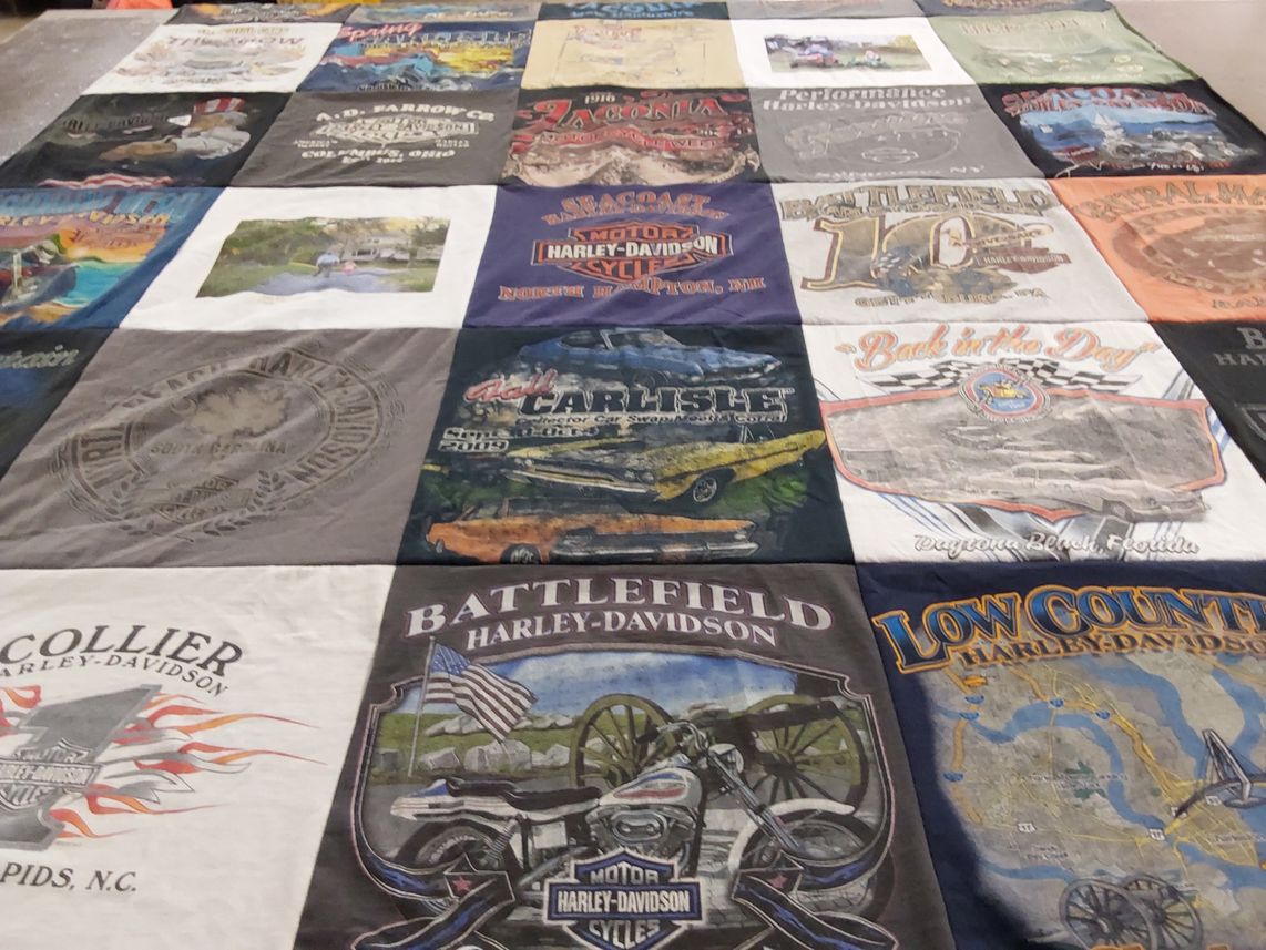 T-shirt quilt with motorcycling, cars themes by Joanne from MA