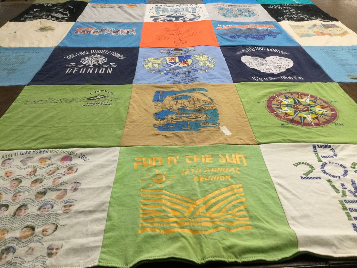 T-shirt quilt with family gatherings, outdoor activities themes by Annaleigh from CA