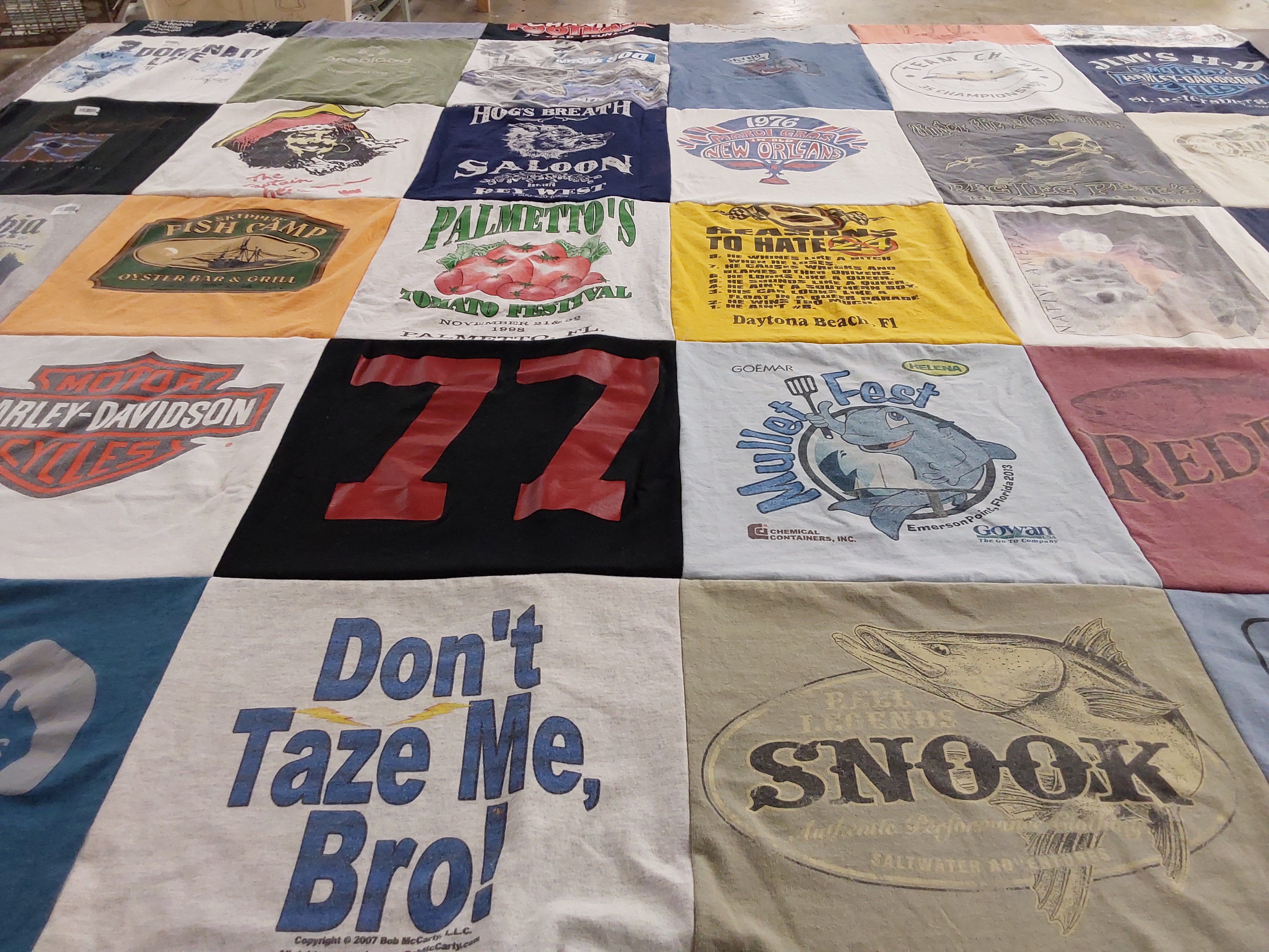 T-shirt quilt with fishing, food themes by Cynthia from FL