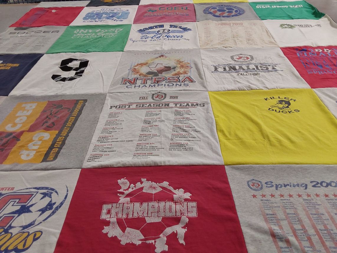 T-shirt quilt featuring soccer teams by Kelly from TX