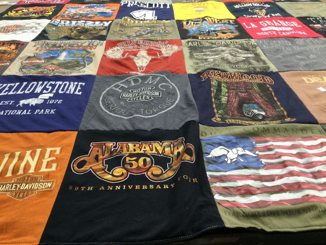 T-shirt quilt with motorcycles, travel themes by Ned from NC