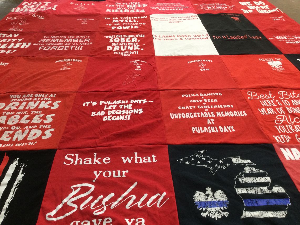 T-shirt quilt with polka dancing, social gatherings themes by Jilaine from MI