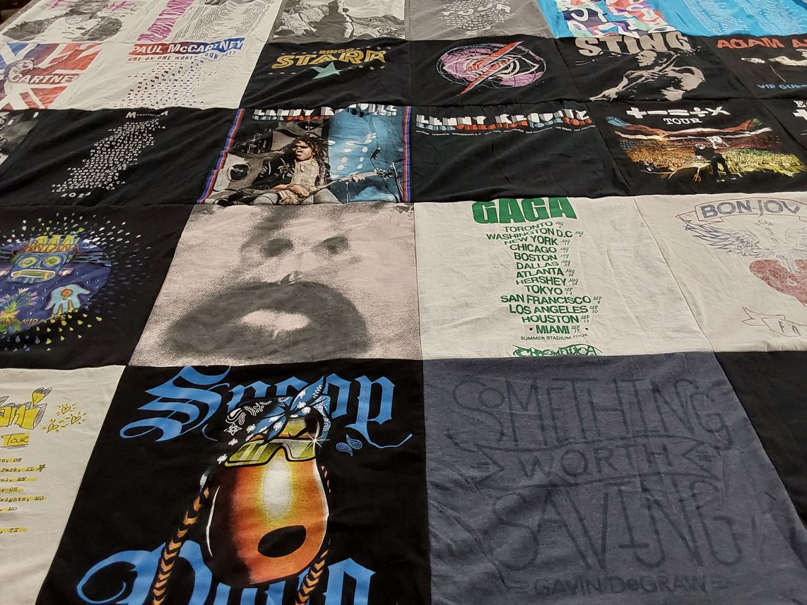 T-shirt quilt with music, concerts themes by Jamie from FL