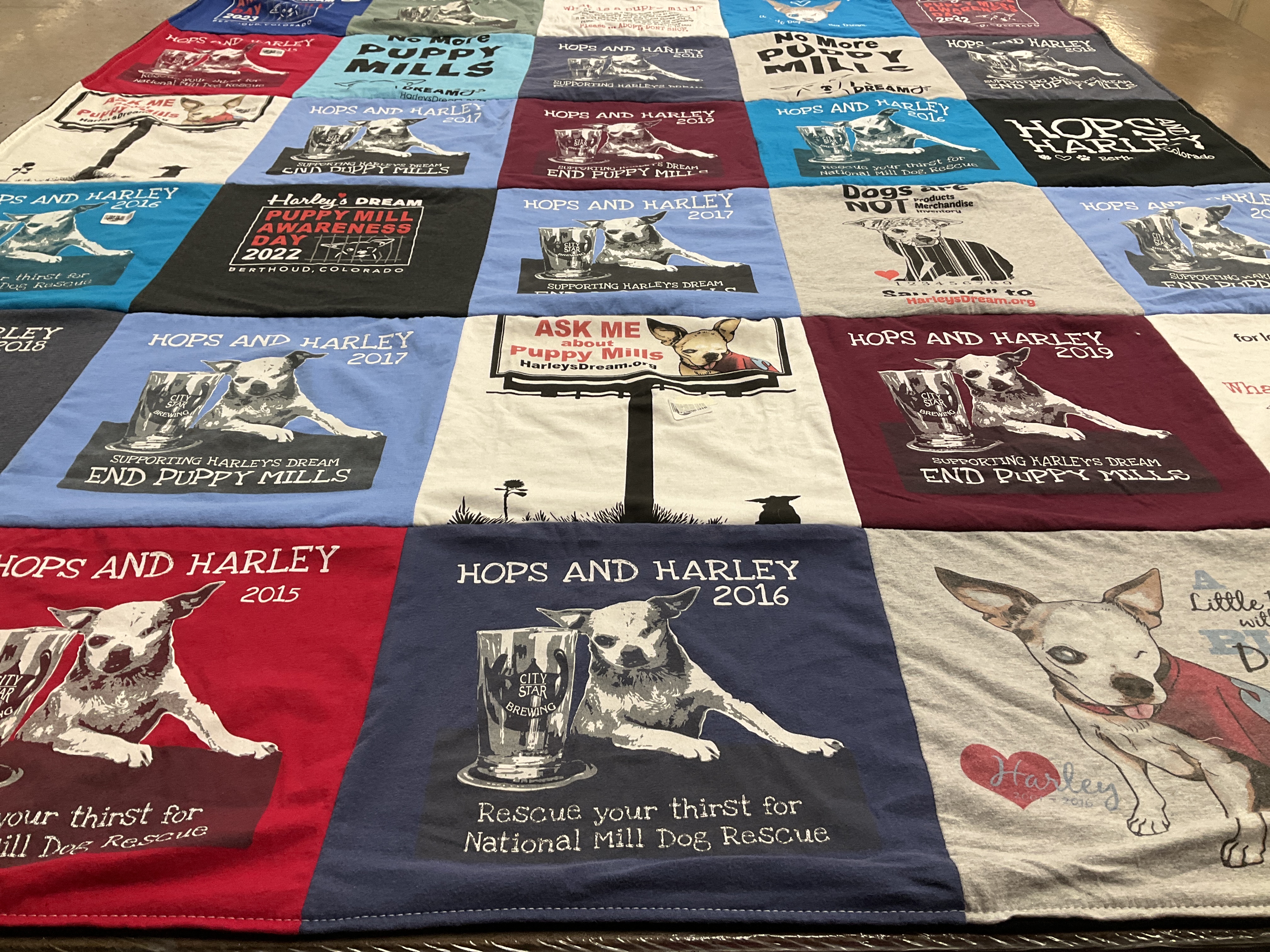 T-shirt quilt with animal rescue, dog advocacy themes by Pamela from CO
