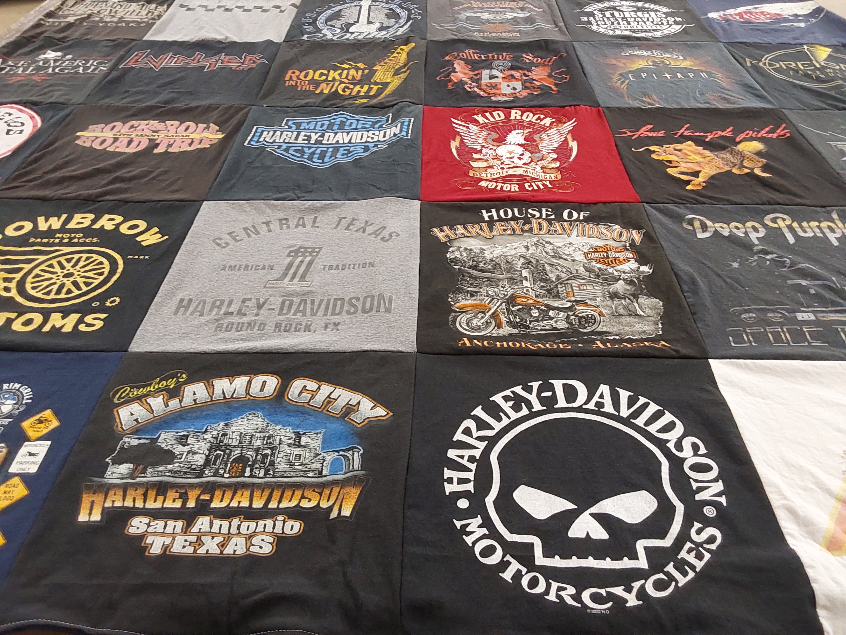 T-shirt quilt with motorcycles, music themes by Rick from TX