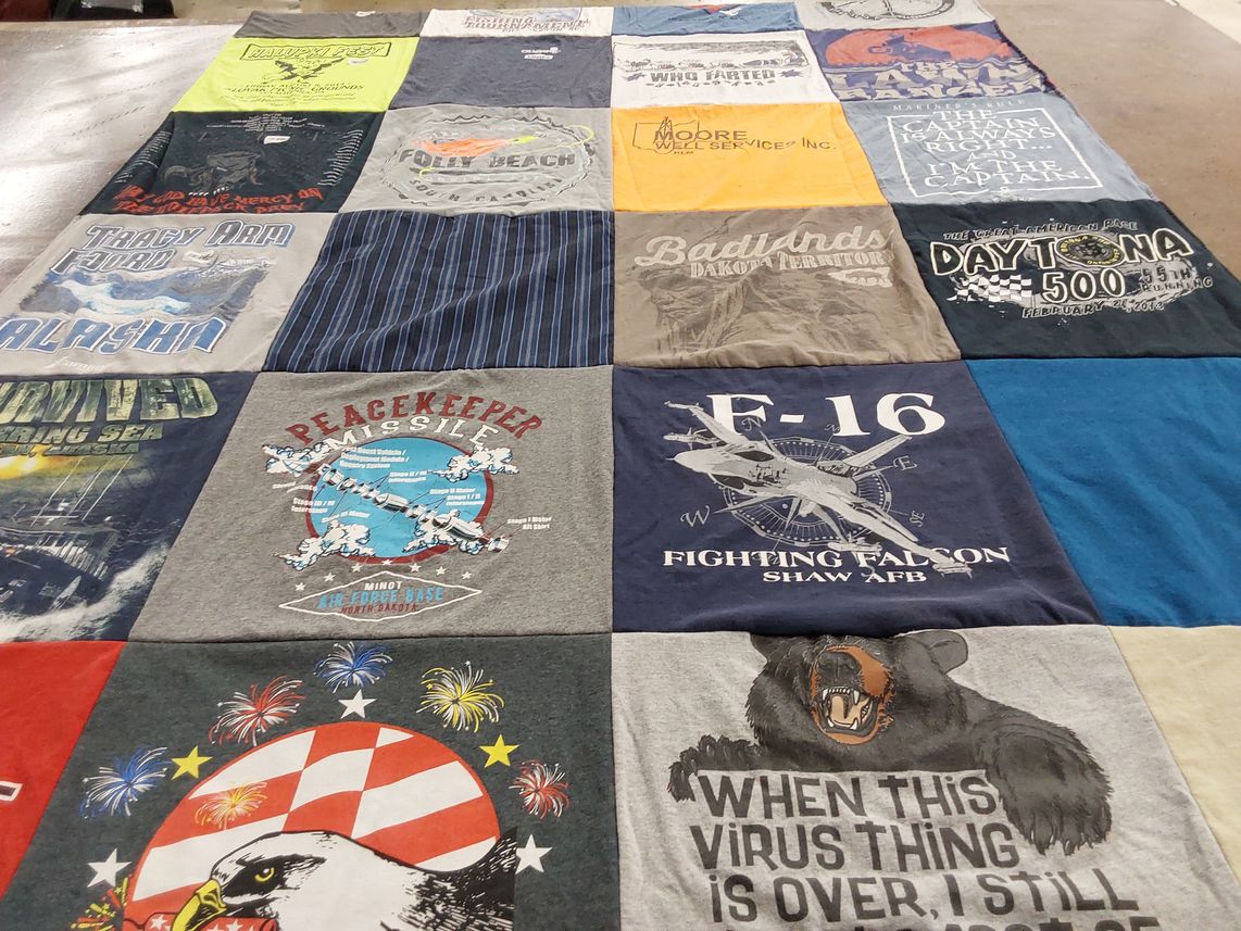 T-shirt quilt with travel, aviation themes by Betsy from OH