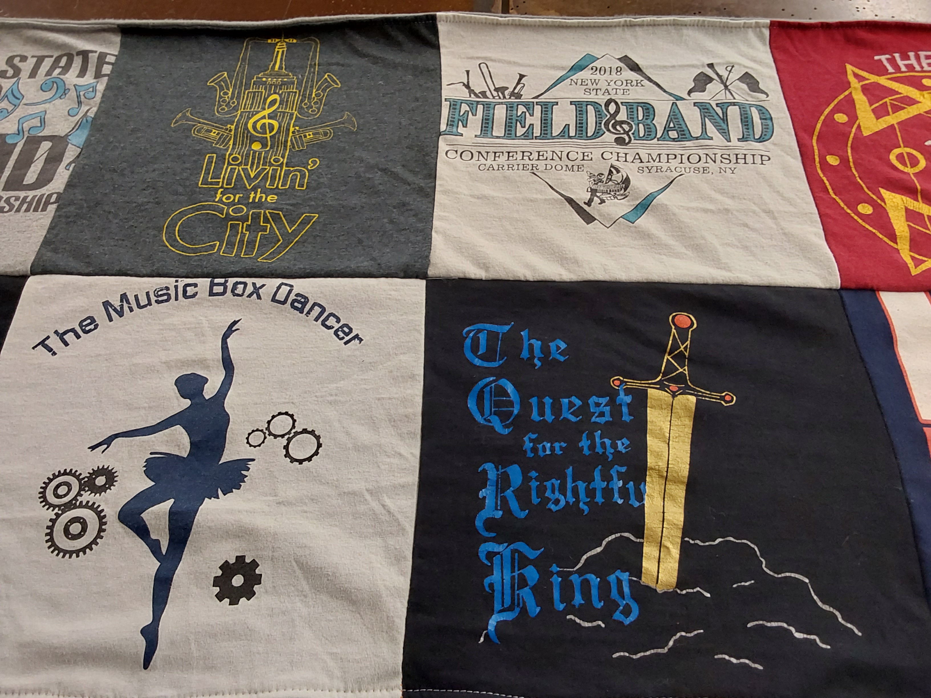T-shirt quilt with music, dance themes by Katrina from NY