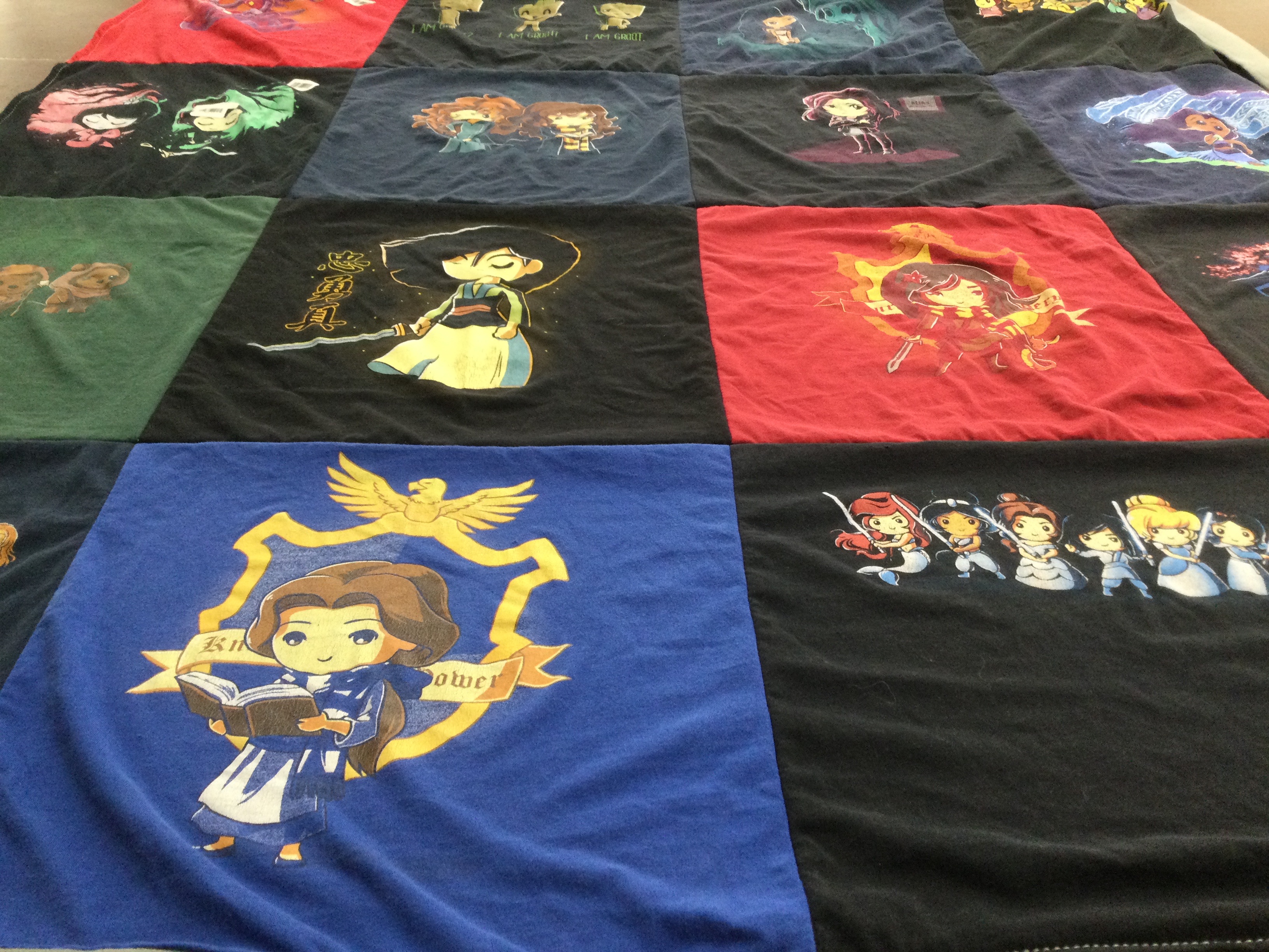 T-shirt quilt with animated characters, films themes by Valerie from WA
