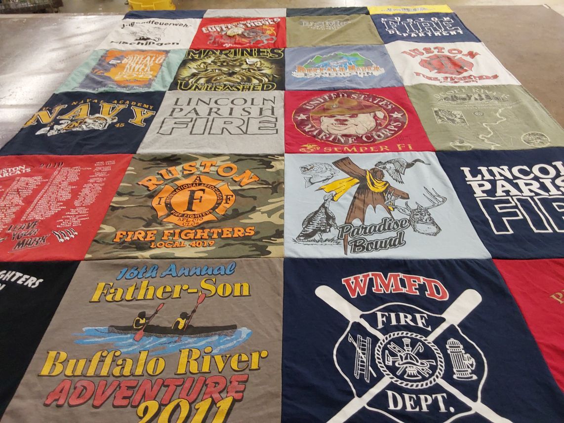 T-shirt quilt with firefighting, outdoor adventures themes by Kay from LA