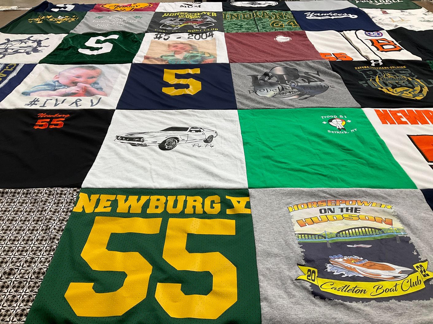 T-shirt quilt with boating, youth groups themes by Nancy from NY
