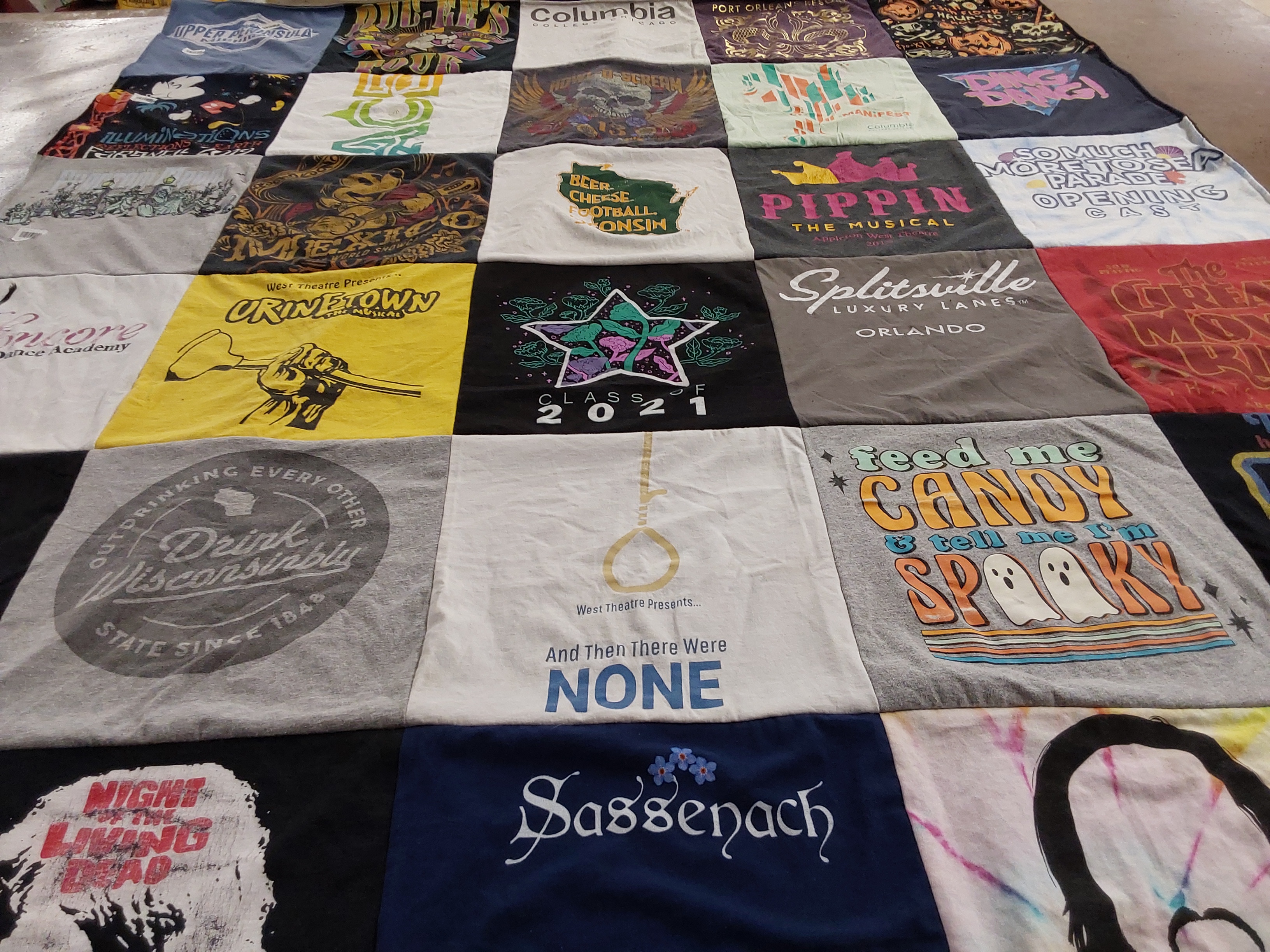 T-shirt quilt with theatre, dance themes by Katherine from WI