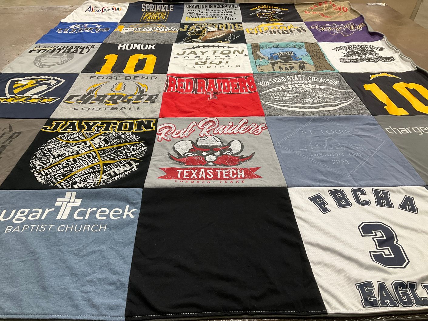 T-shirt quilt featuring fort bend chargers football, red raiders by Barbi from TX