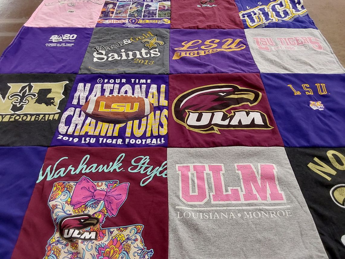 T-shirt quilt featuring lsu tigers, ul monroe warhawks by Naomi from LA