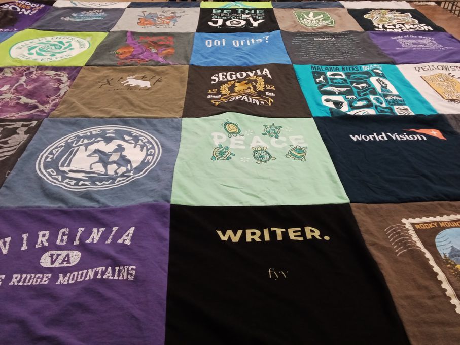 T-shirt quilt with travel, writing themes by Virginia from VA