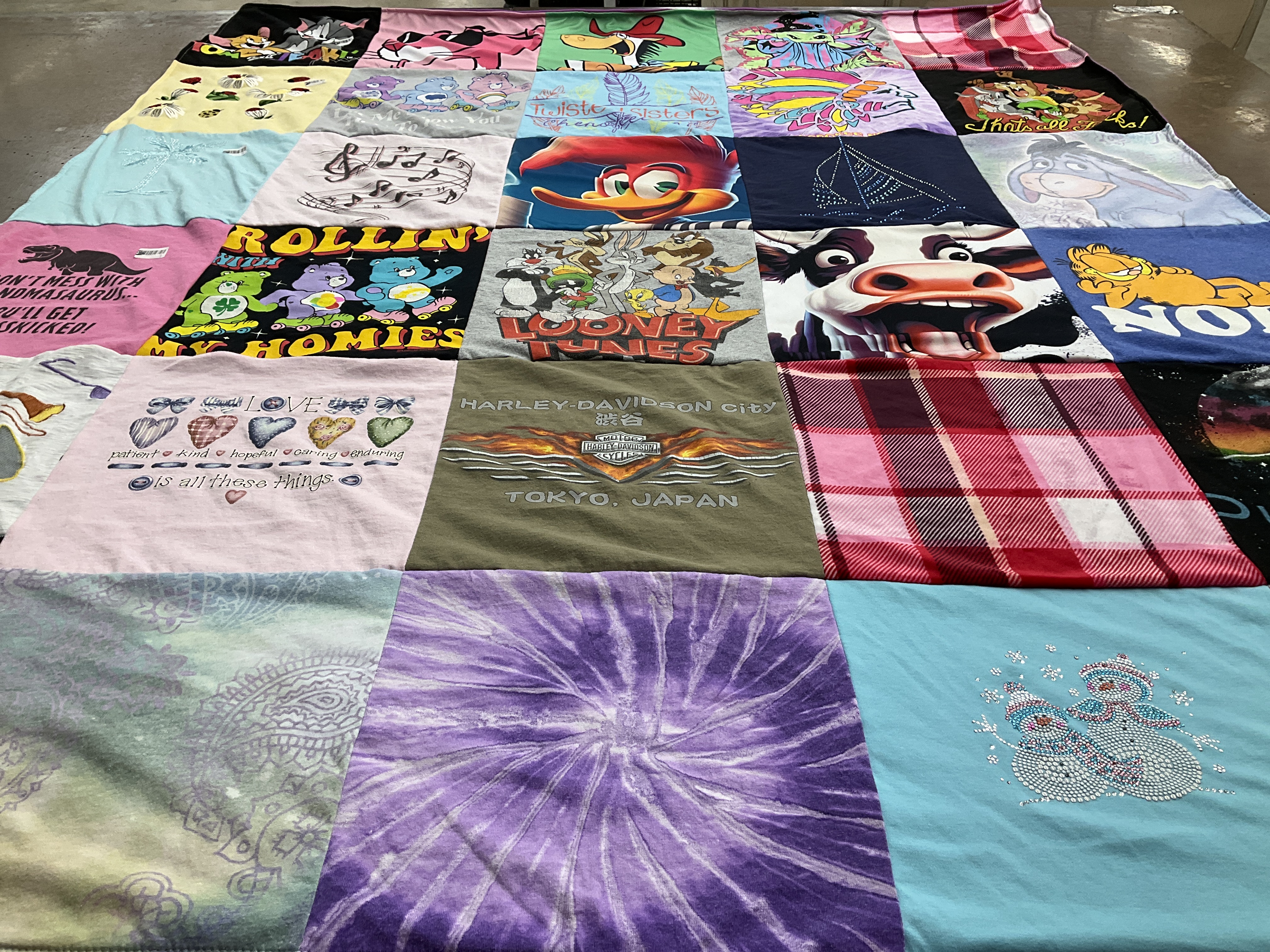 T-shirt quilt with cartoons, motorcycles themes by Marianne from IL