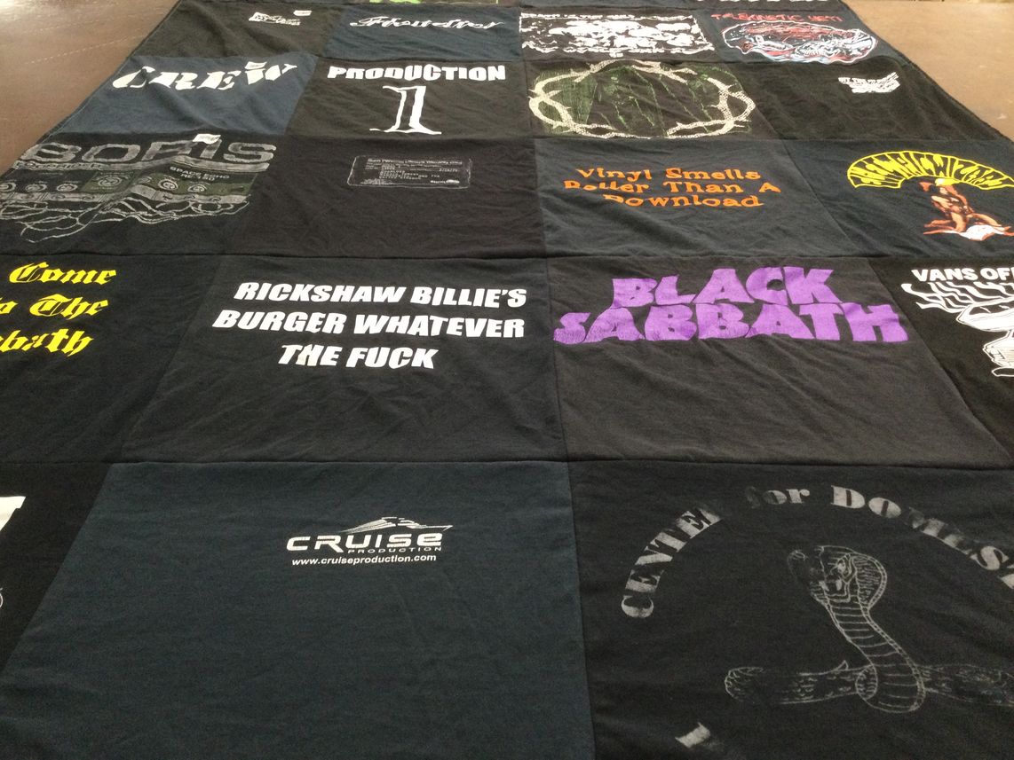 T-shirt quilt with music, vinyl records themes by Cote from ME