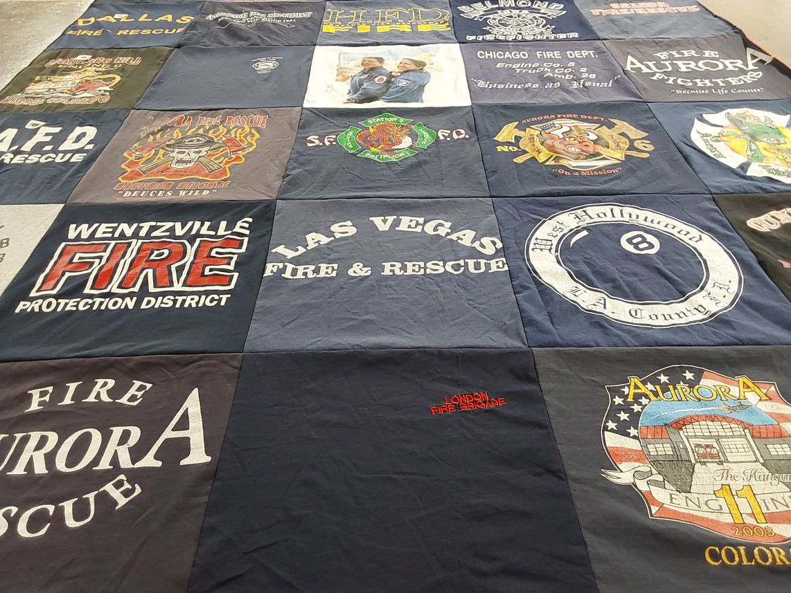 T-shirt quilt with firefighting, rescue operations themes by Steven from IA