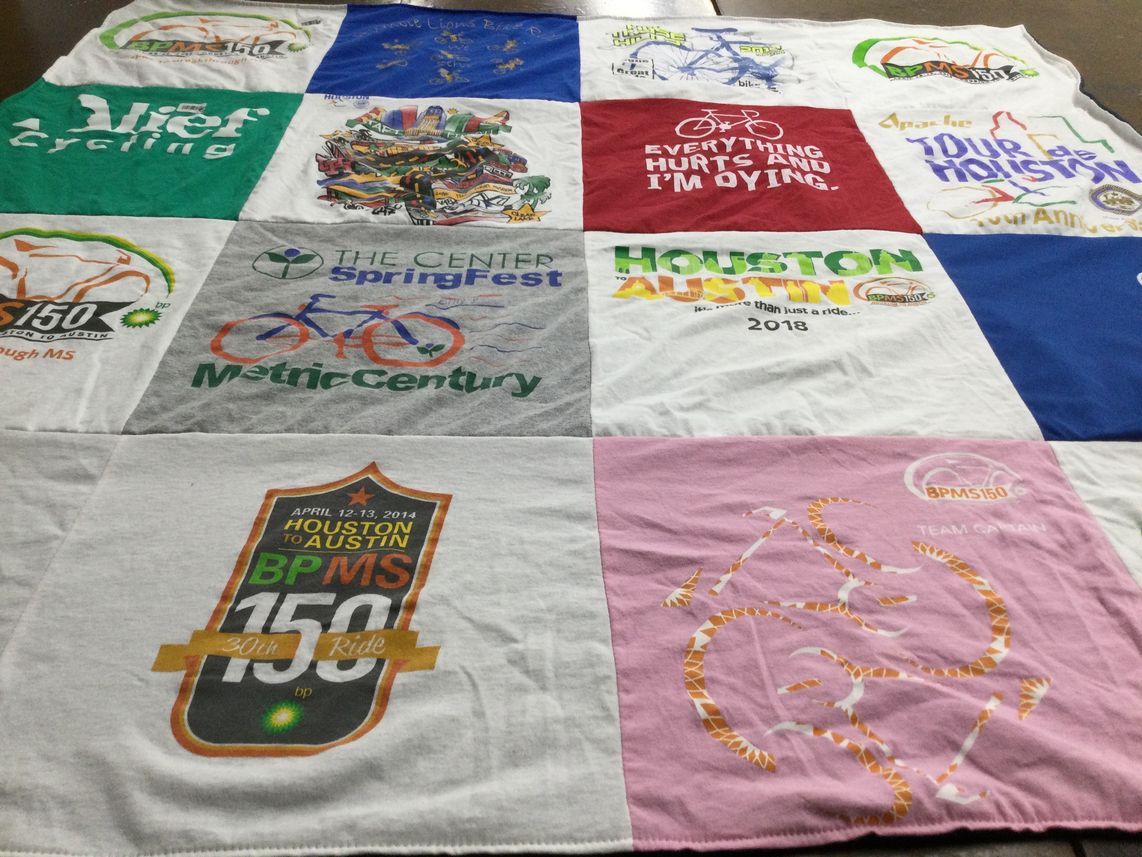 T-shirt quilt with cycling, outdoor activities themes by Izabel from TX