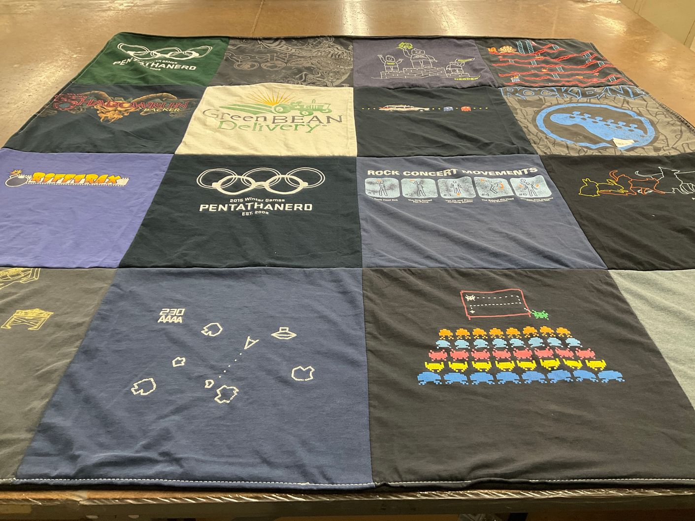 T-shirt quilt with video games, music themes by Kelly from WI