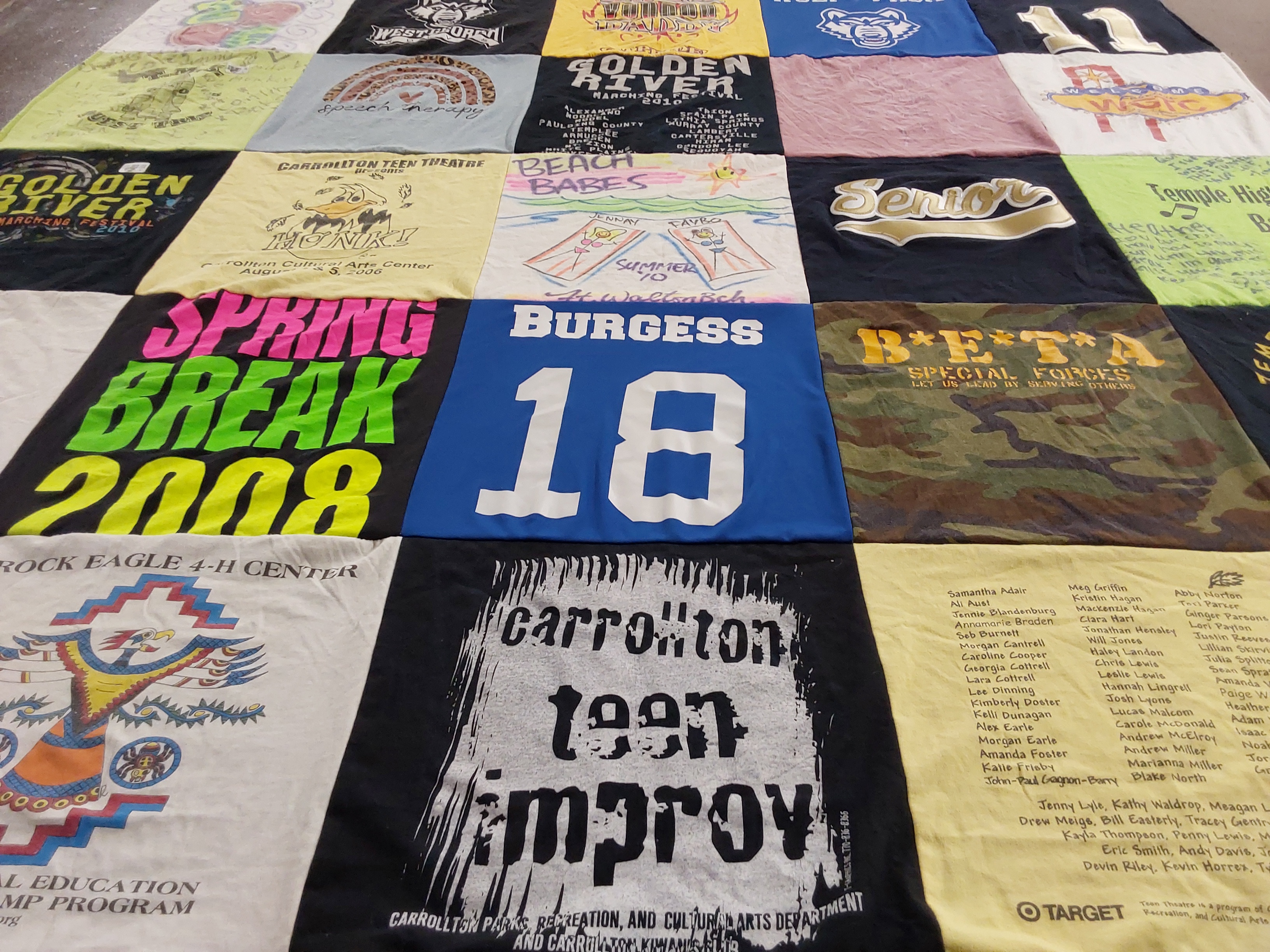 T-shirt quilt with theater, camping themes by Heather from GA