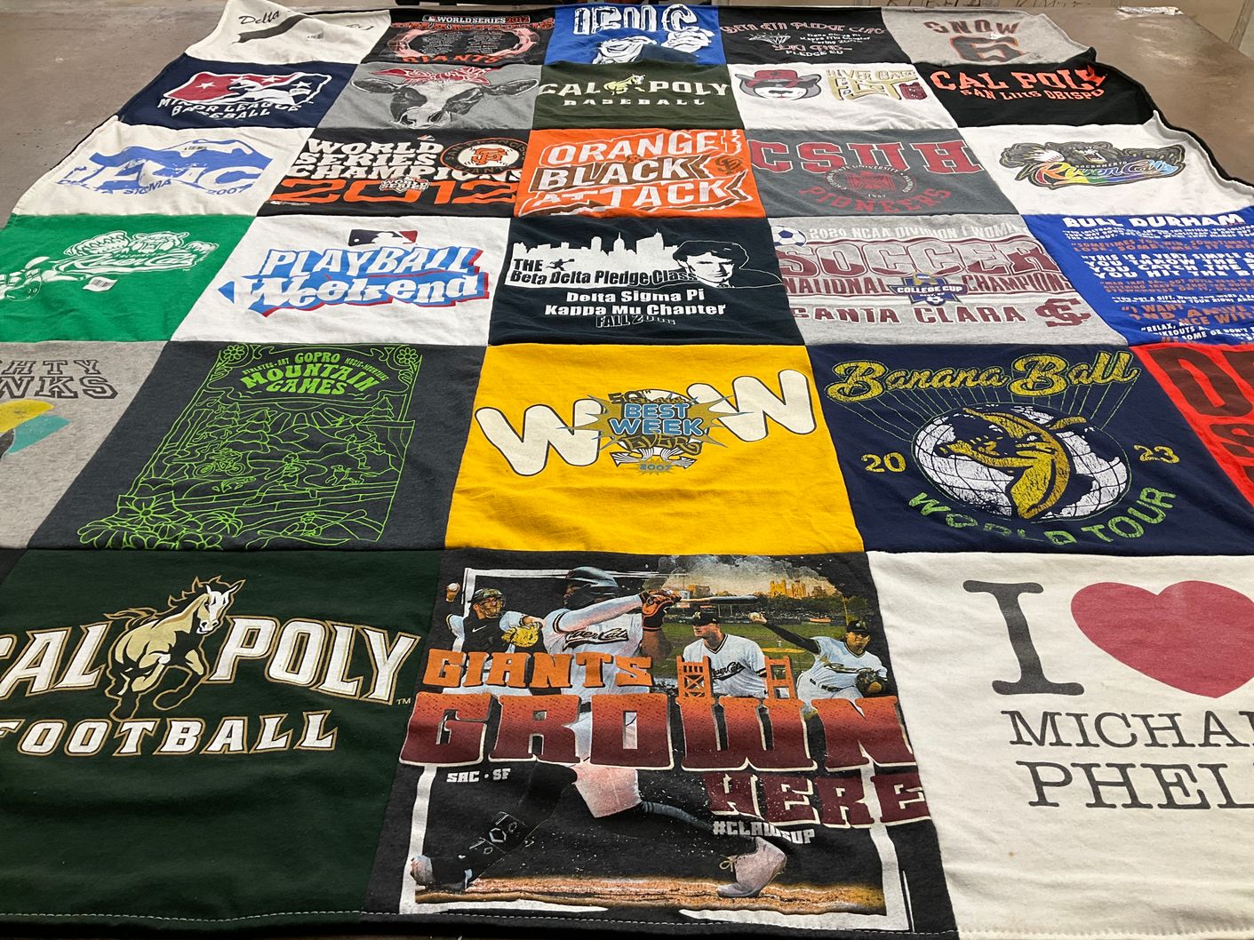 T-shirt quilt featuring cal poly mustangs football, california state university baseball by Sarah from CA