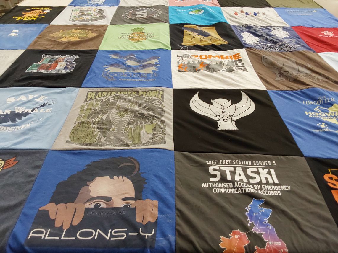 T-shirt quilt with environment, science fiction themes by Jennifer from NM