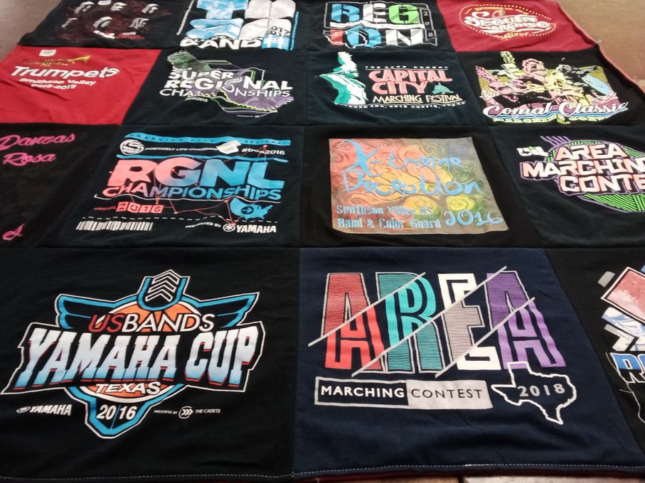 T-shirt quilt with marching band, color guard themes by Ashley from TX