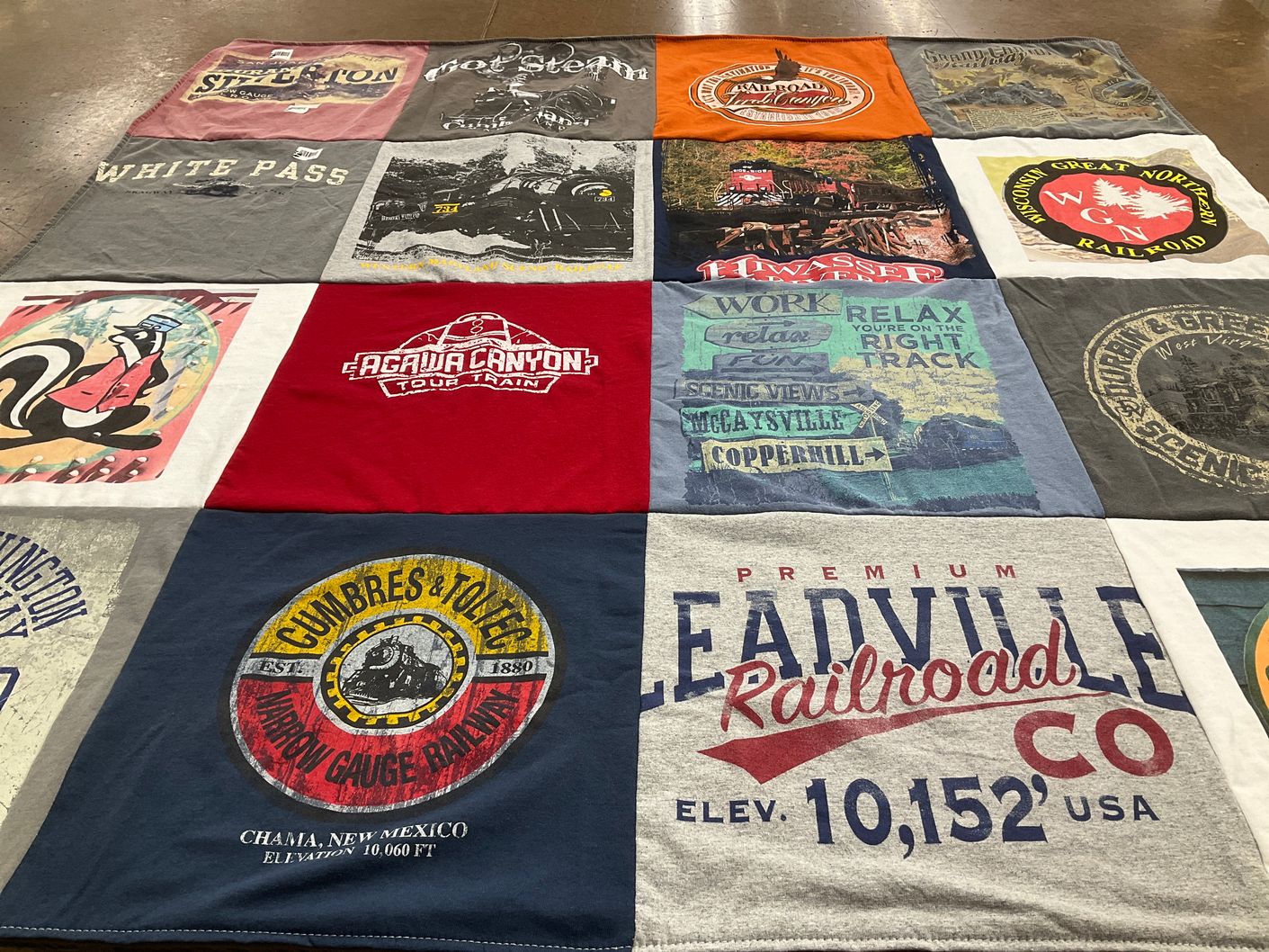 T-shirt quilt with trains, railroads themes by Bryon from OH