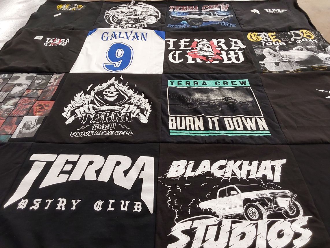 T-shirt quilt with motorsports, off-roading themes by Renee from CA
