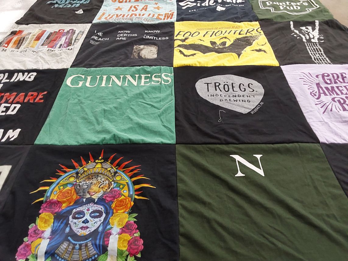 T-shirt quilt with music, craft beer themes by Leah from NY