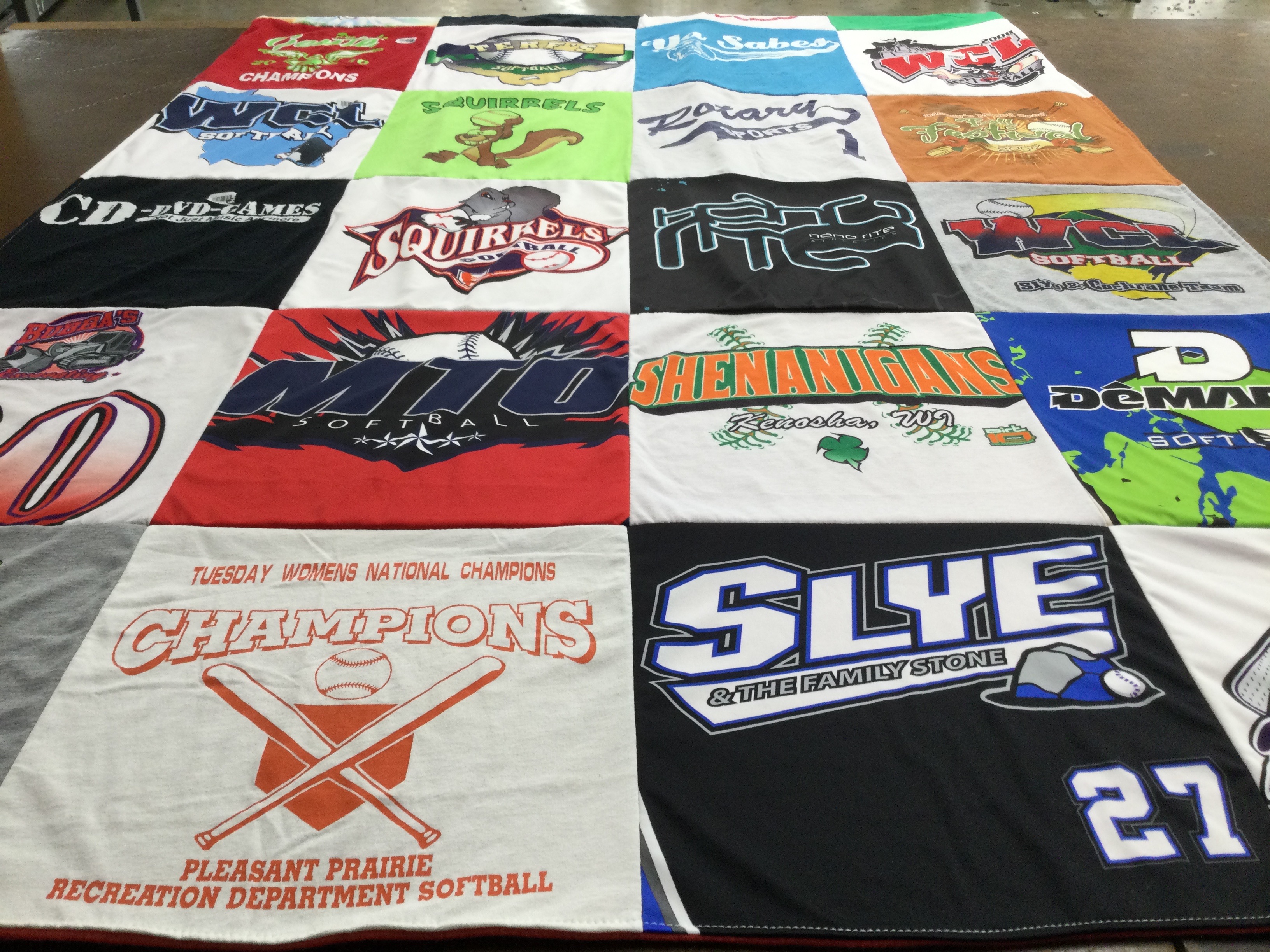 T-shirt quilt with softball, sports themes by Rebecca from WI