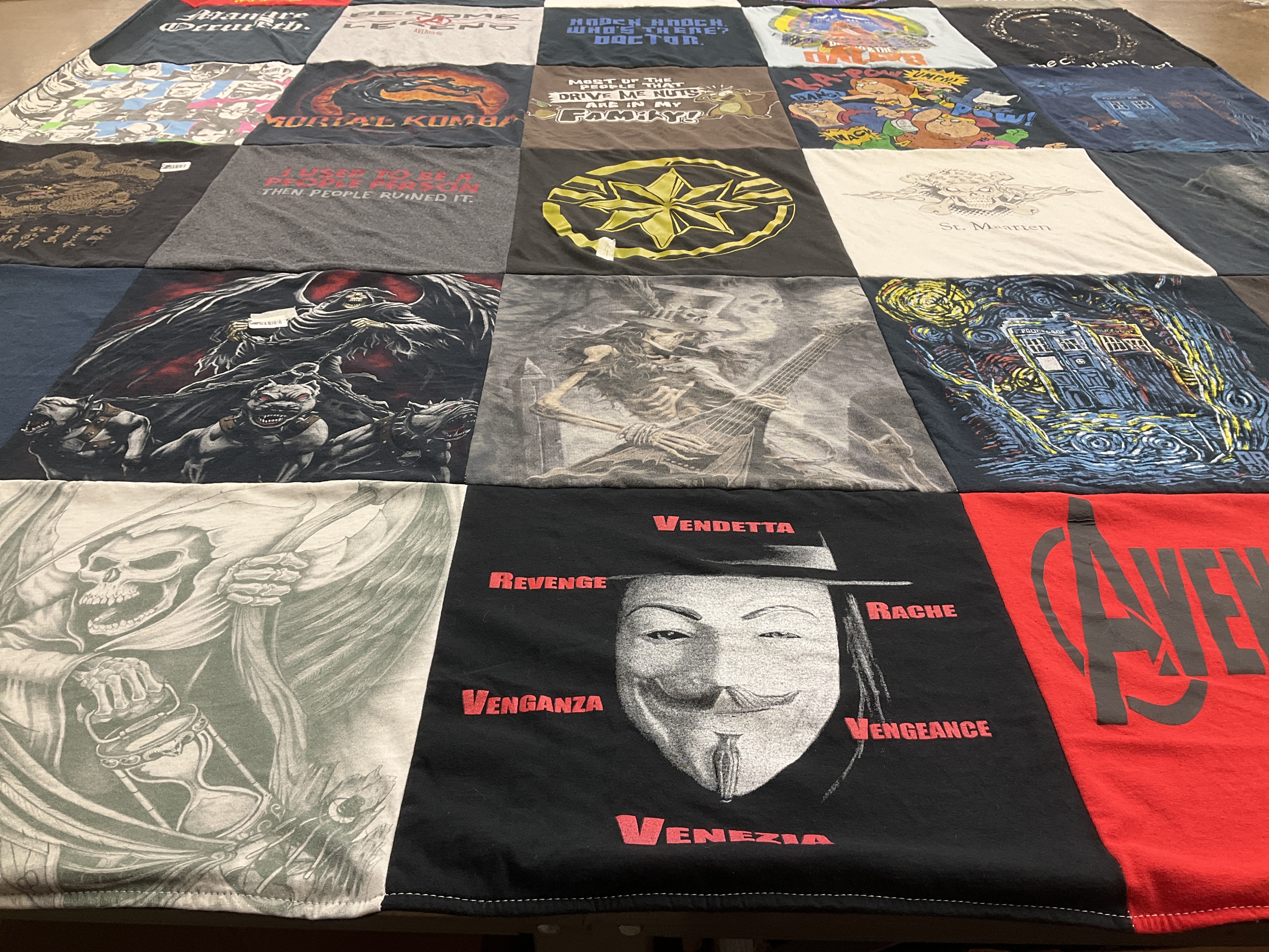 T-shirt quilt with gaming, skulls themes by Maricia from NC