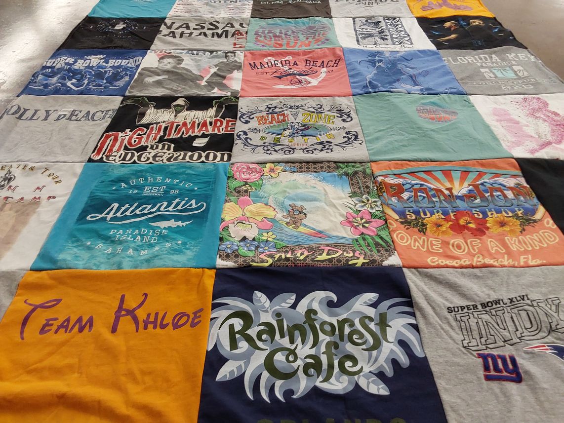 T-shirt quilt with beach, surfing themes by Karen from IN