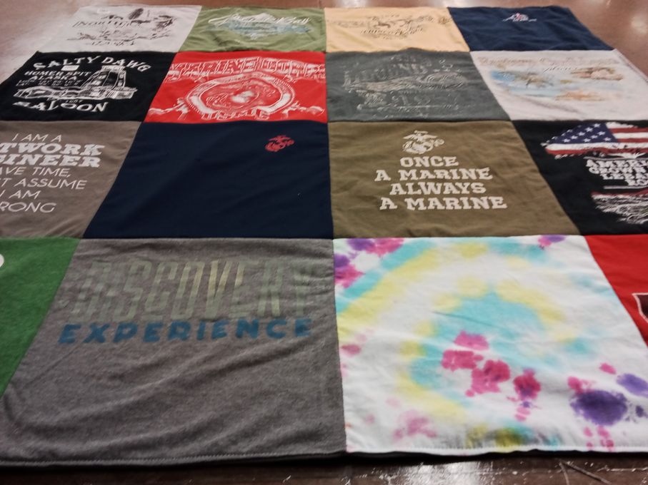 T-shirt quilt with military, volunteering themes by Lori from VA