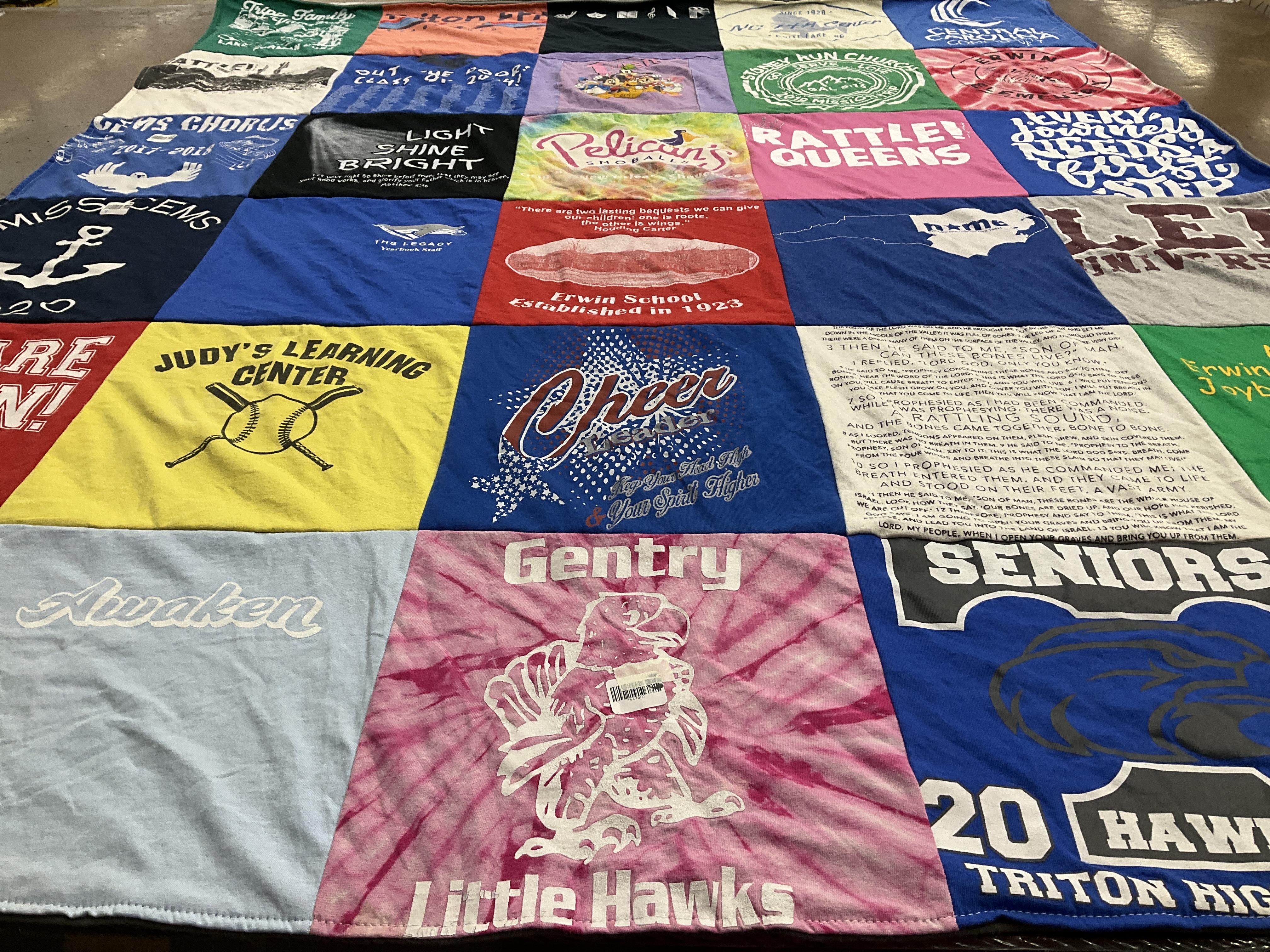 Custom Project Repat t-shirt quilt featuring shirts from triton university, erwin school.