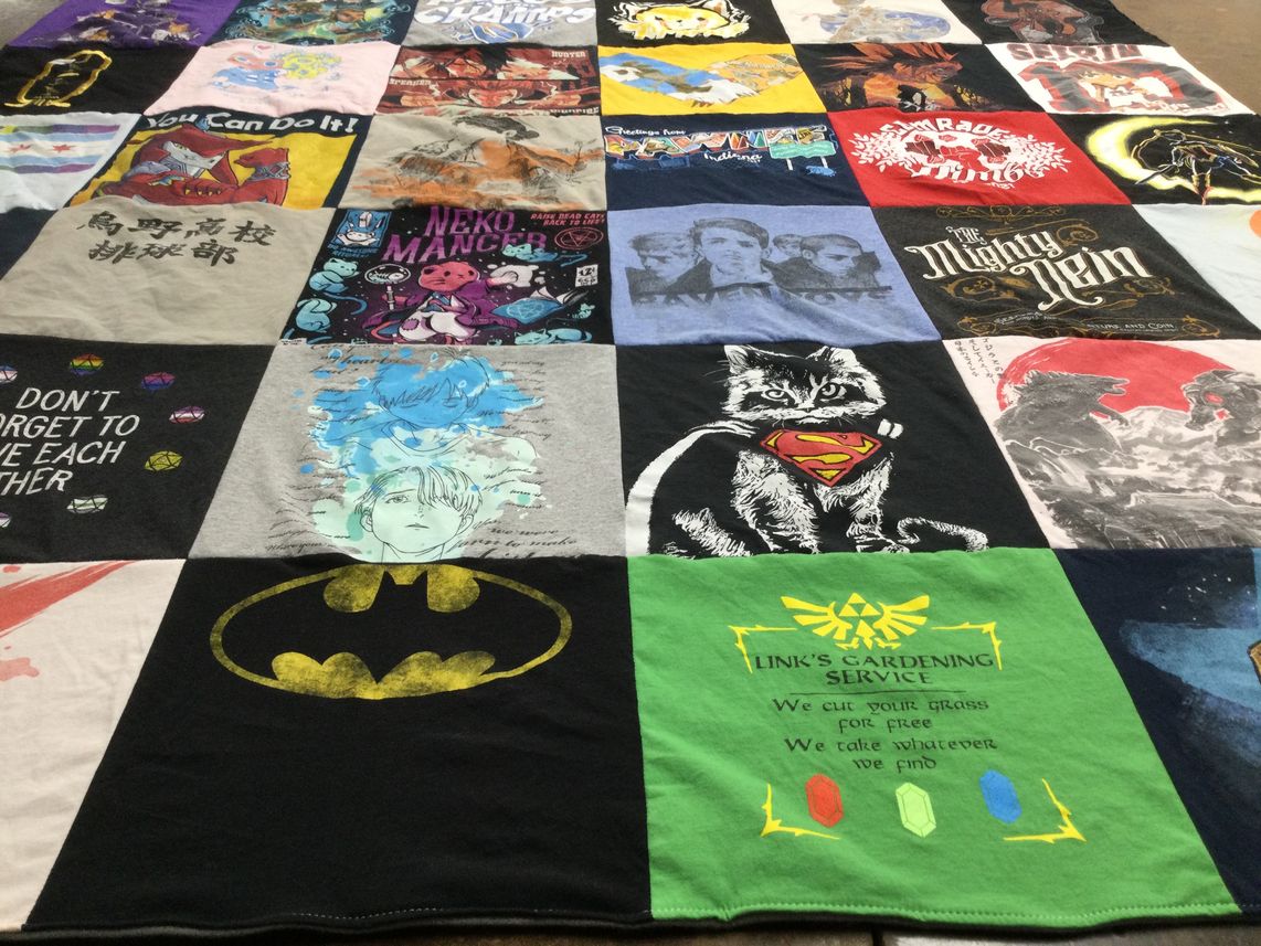 T-shirt quilt with anime, gaming themes by Carrie from IL