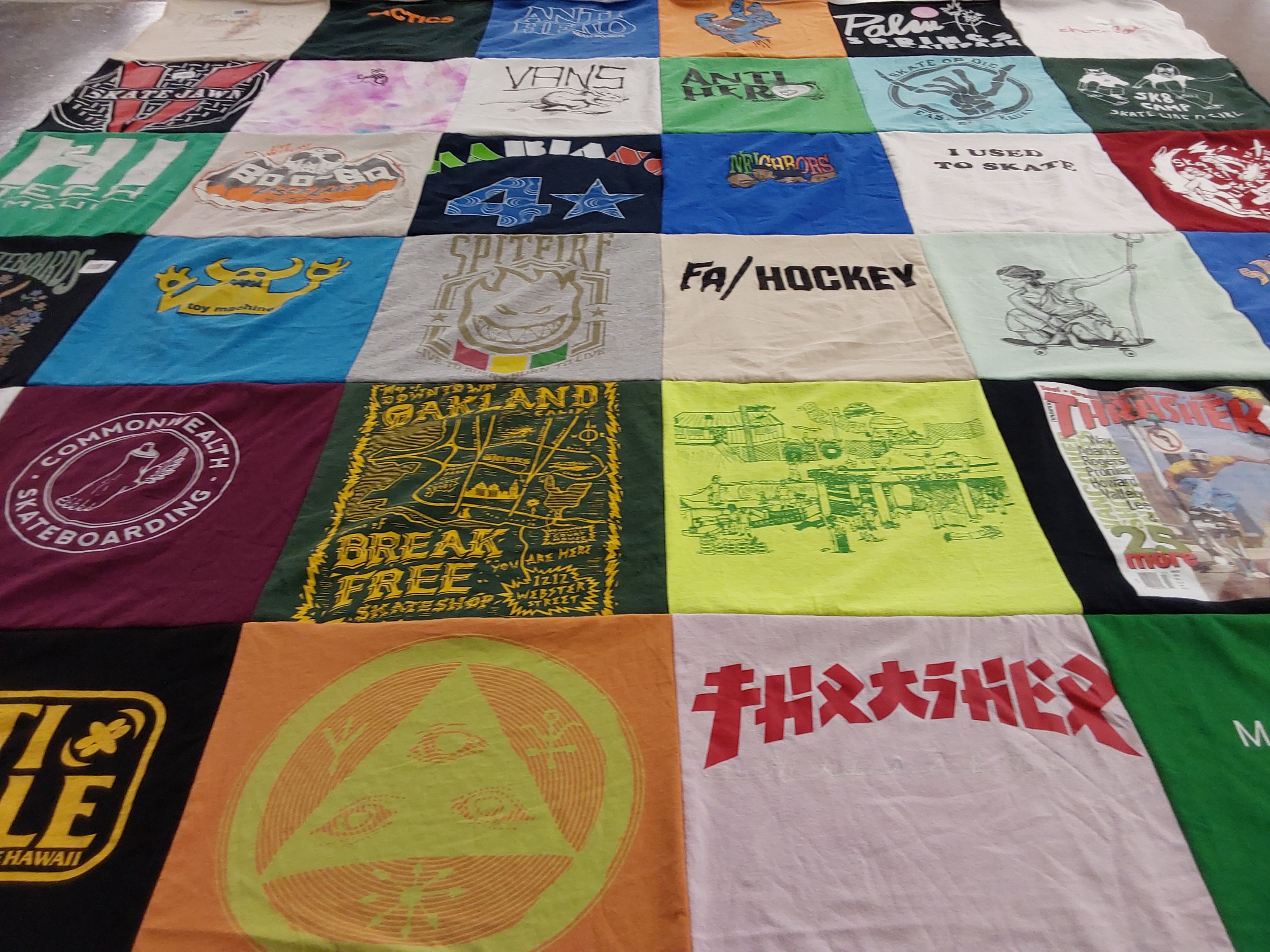 T-shirt quilt with skateboarding themes by Maria from CA