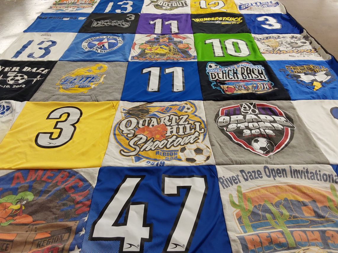 T-shirt quilt with soccer, sports themes by Katherine from CA