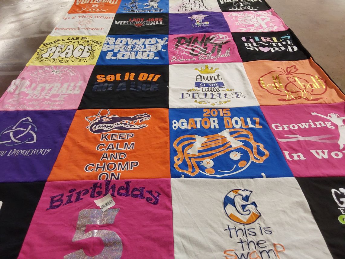 T-shirt quilt with volleyball, birthdays themes by Leila from TX